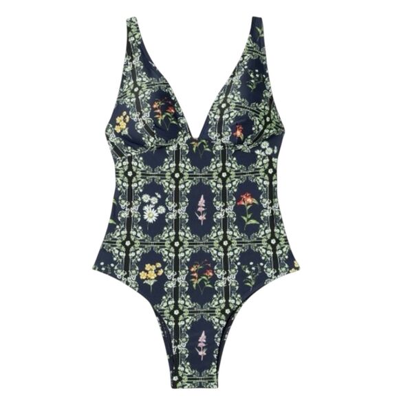 Aguabendita Blue/Pink Floral Tile Print Cheeky One Piece Swimsuit Sz. L (12-14) - Picture 3 of 7